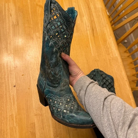 Corral Laser Cutout Western Cowboy Cowgirl Boots Turquoise Heel Rodeo Women’s 9 - Picture 8 of 14